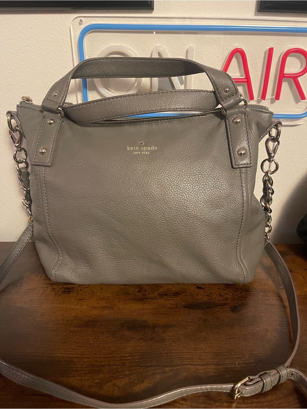 kate spade Gray Pebbled Leather Shoulder Bag with Chain Accent